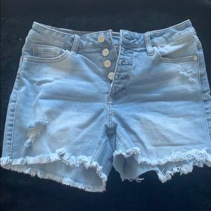 high rise midi denim shorts